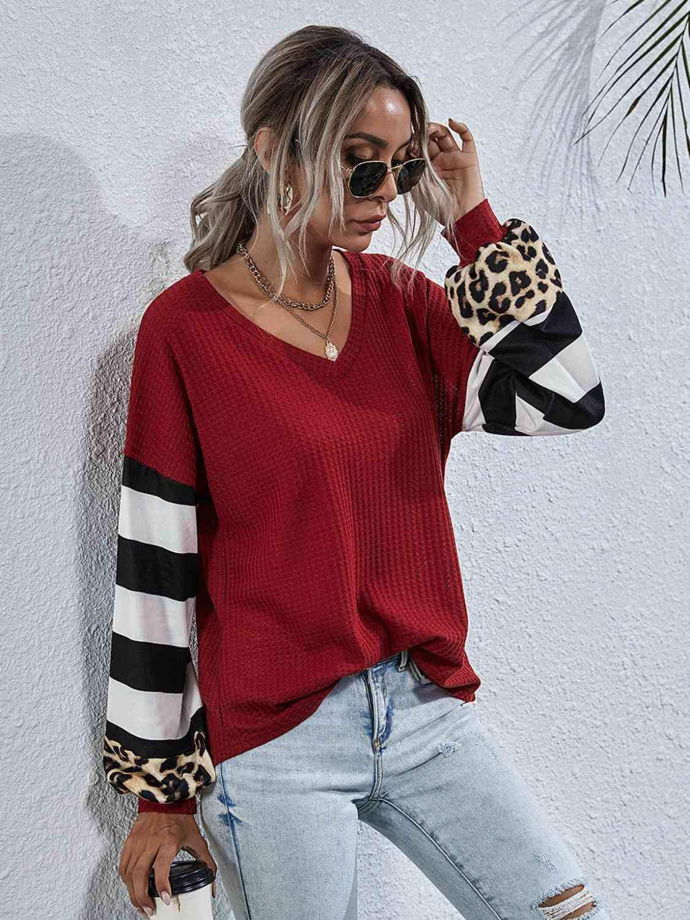 Leopard Striped Waffle-Knit Top - Trendsi - Flyclothing LLC