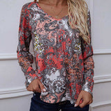 Printed V-Neck Long Sleeve Blouse - Trendsi - Flyclothing LLC