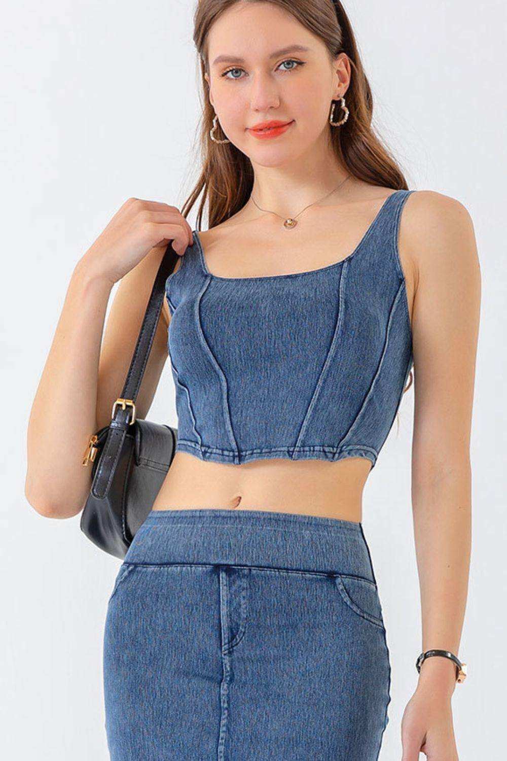 Seam Detail Cropped Denim Tank - Trendsi - Flyclothing LLC
