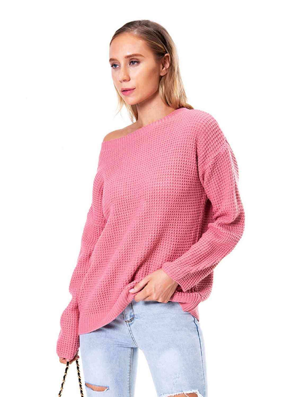 Boat Neck Drop Shoulder Long Sleeve Sweater - Trendsi - Flyclothing LLC