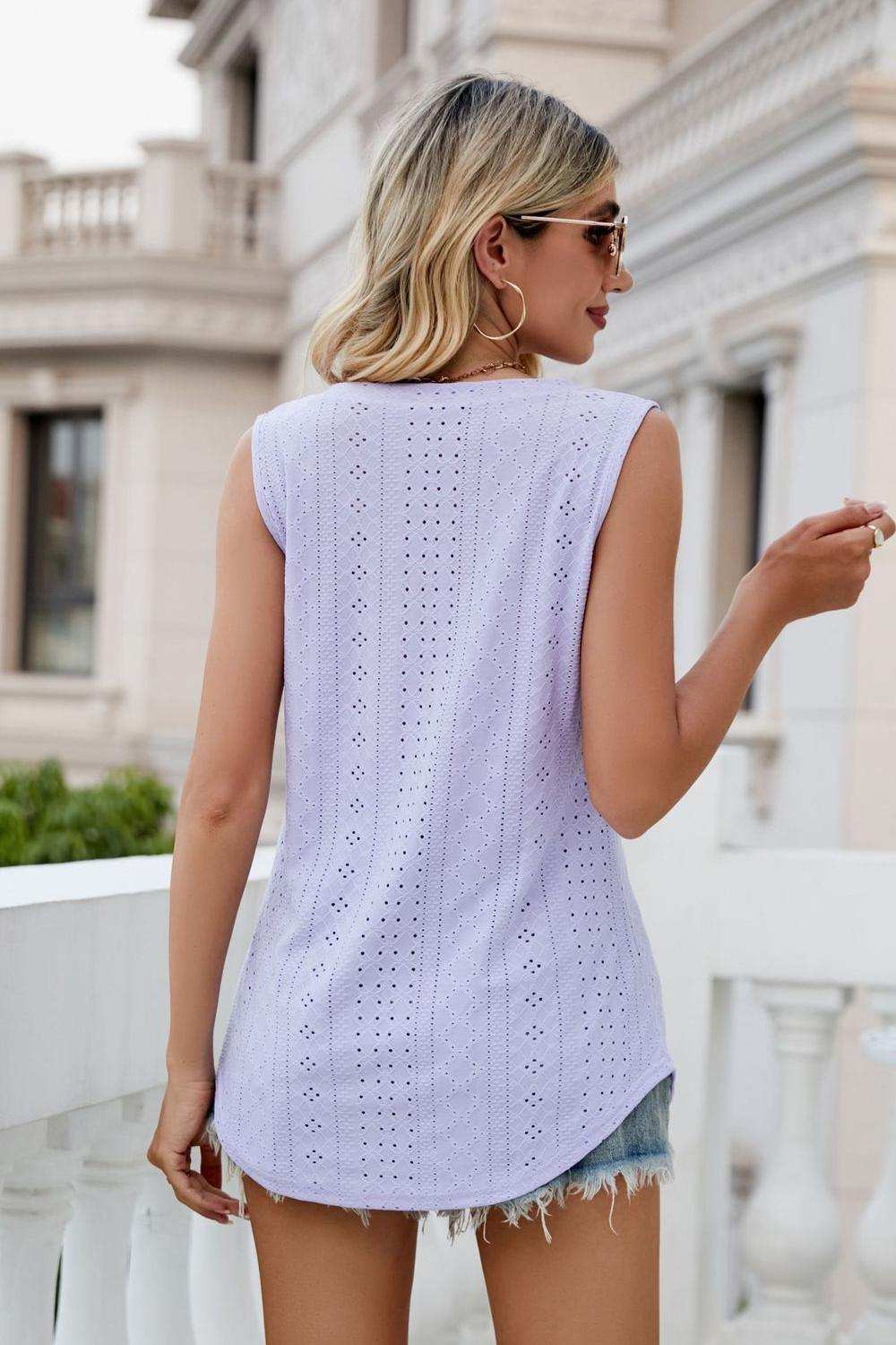 Eyelet V-Neck Tank - Trendsi - Flyclothing LLC