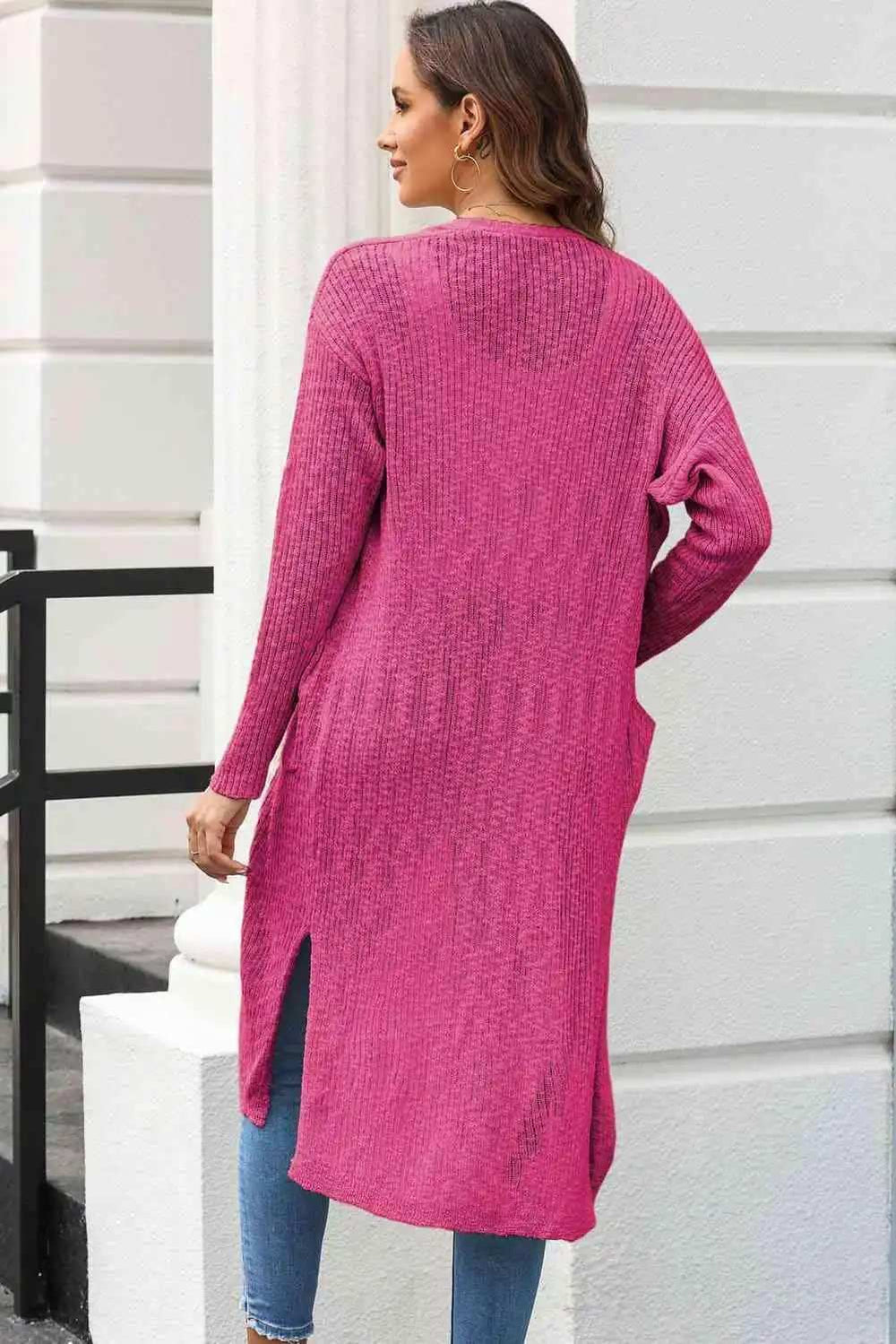 Open Front Slit Cardigan with Pockets - Trendsi - Flyclothing LLC