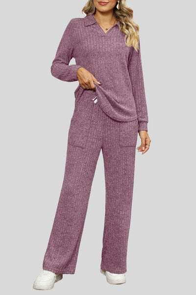 Ribbed Long Sleeve Top and Pocketed Pants Set - Trendsi - Flyclothing LLC