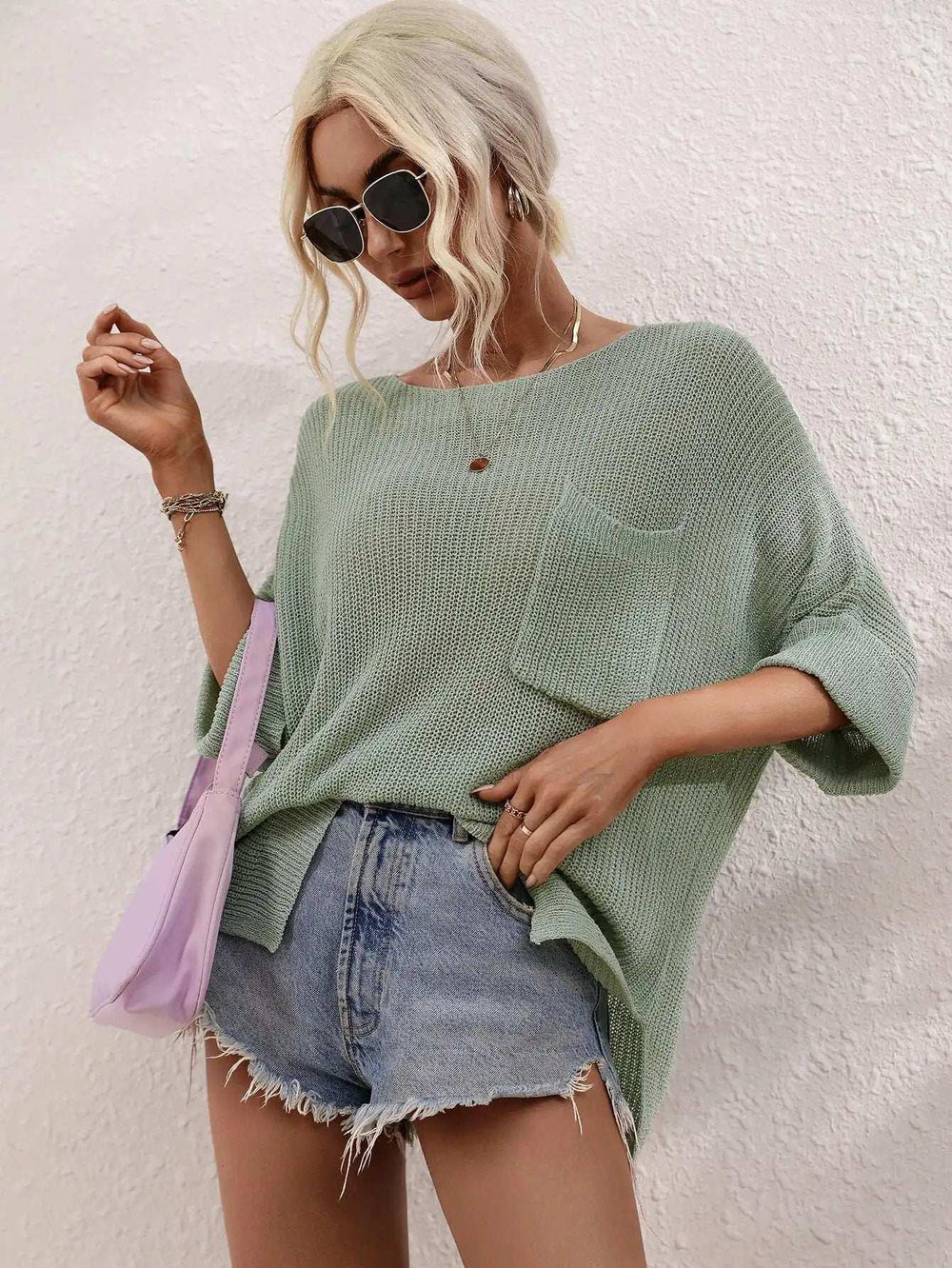 Boat Neck Cuffed Sleeve Slit Tunic Knit Top - Trendsi - Flyclothing LLC