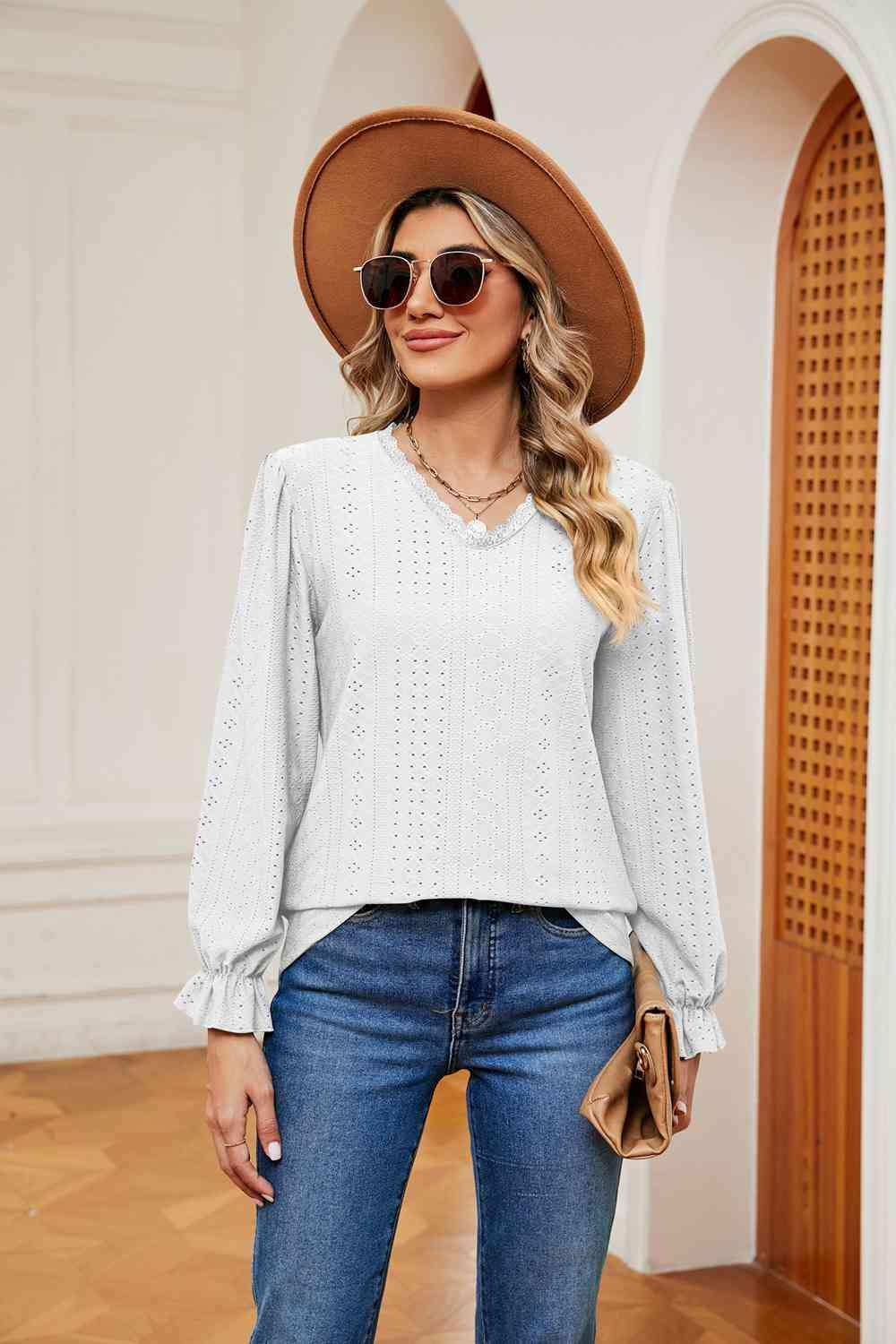 V-Neck Flounce Sleeve Blouse - Trendsi - Flyclothing LLC