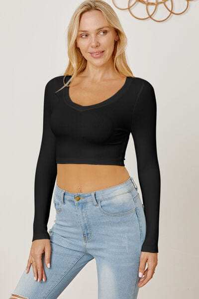 Round Neck Long Sleeve Cropped T-Shirt - Trendsi - Flyclothing LLC