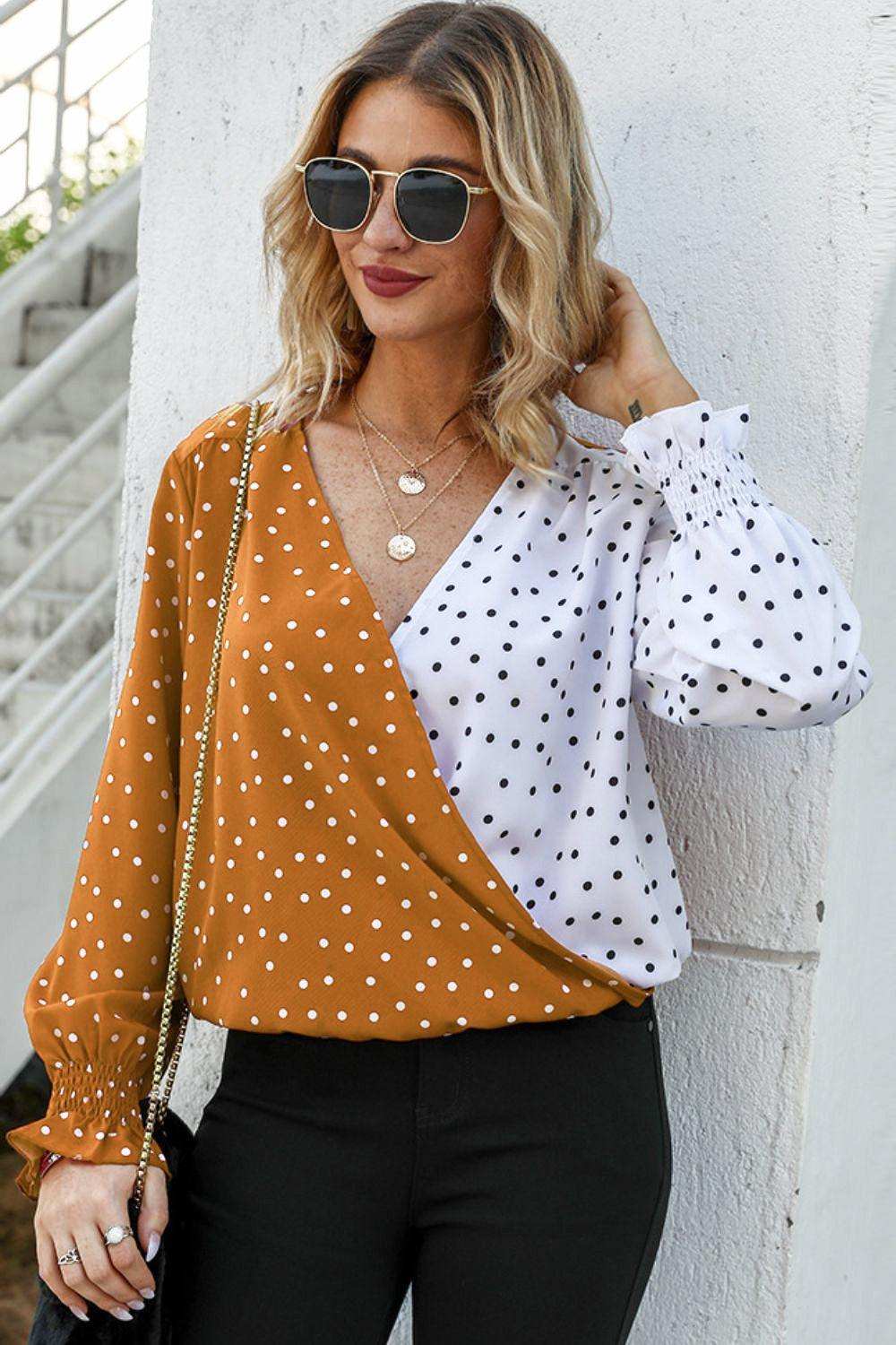 Polka Dot Surplice Neck Lantern Sleeve Blouse - Trendsi - Flyclothing LLC