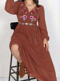 Plus Size Embroidered Tie Neck Long Sleeve Dress - Trendsi - Flyclothing LLC