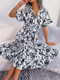 Printed Collared Neck Short Sleeve Tie Waist Dress - Trendsi - Flyclothing LLC