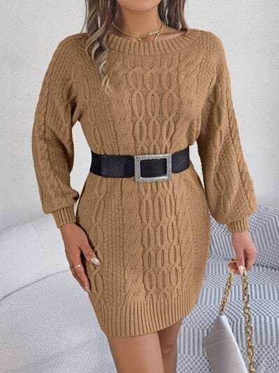 Cable-Knit Round Neck Sweater Dress - Trendsi - Flyclothing LLC