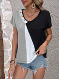 Color Block Decorative Button V-Neck Tee - Trendsi - Flyclothing LLC