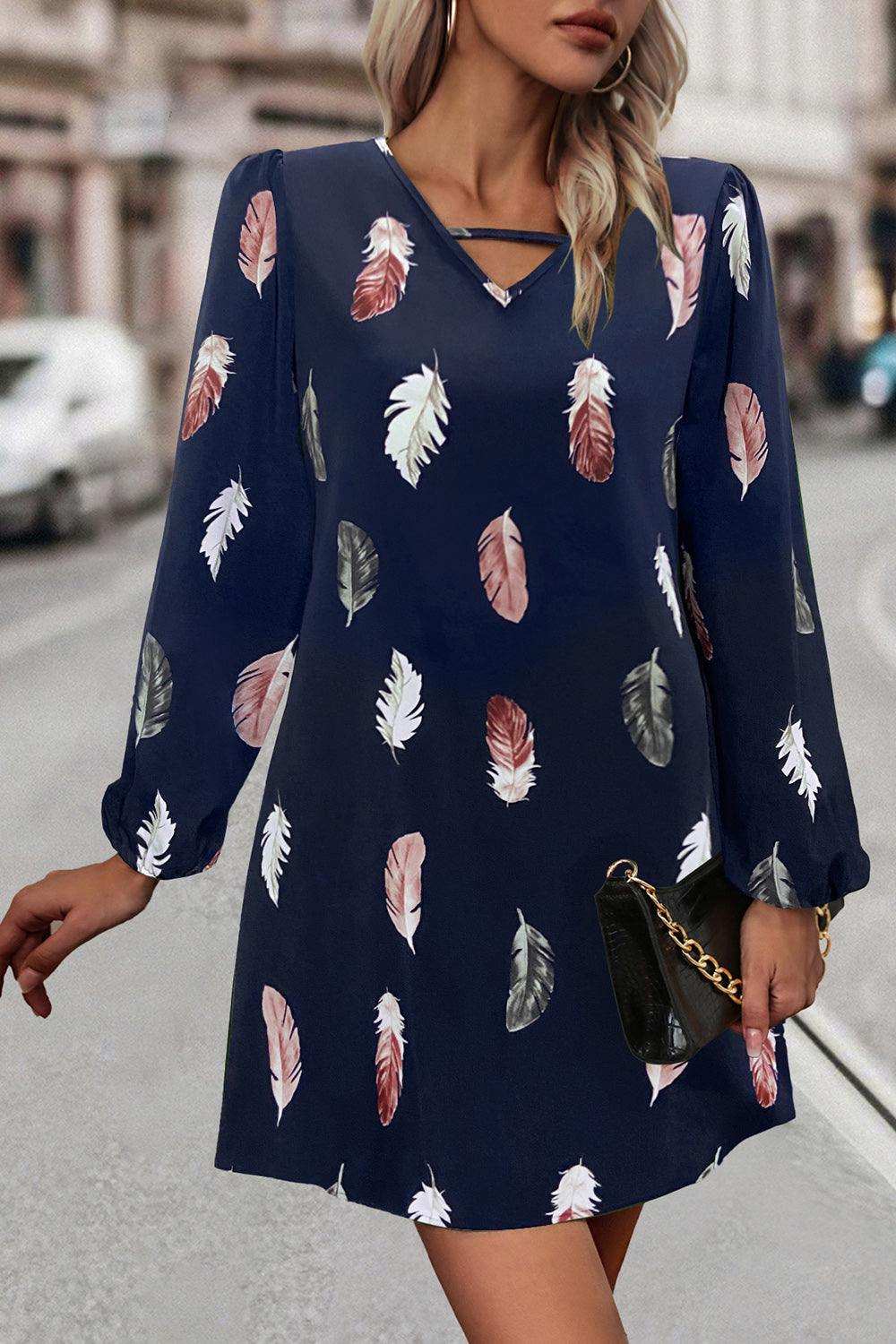 Feather Print V-Neck Dress - Trendsi - Flyclothing LLC