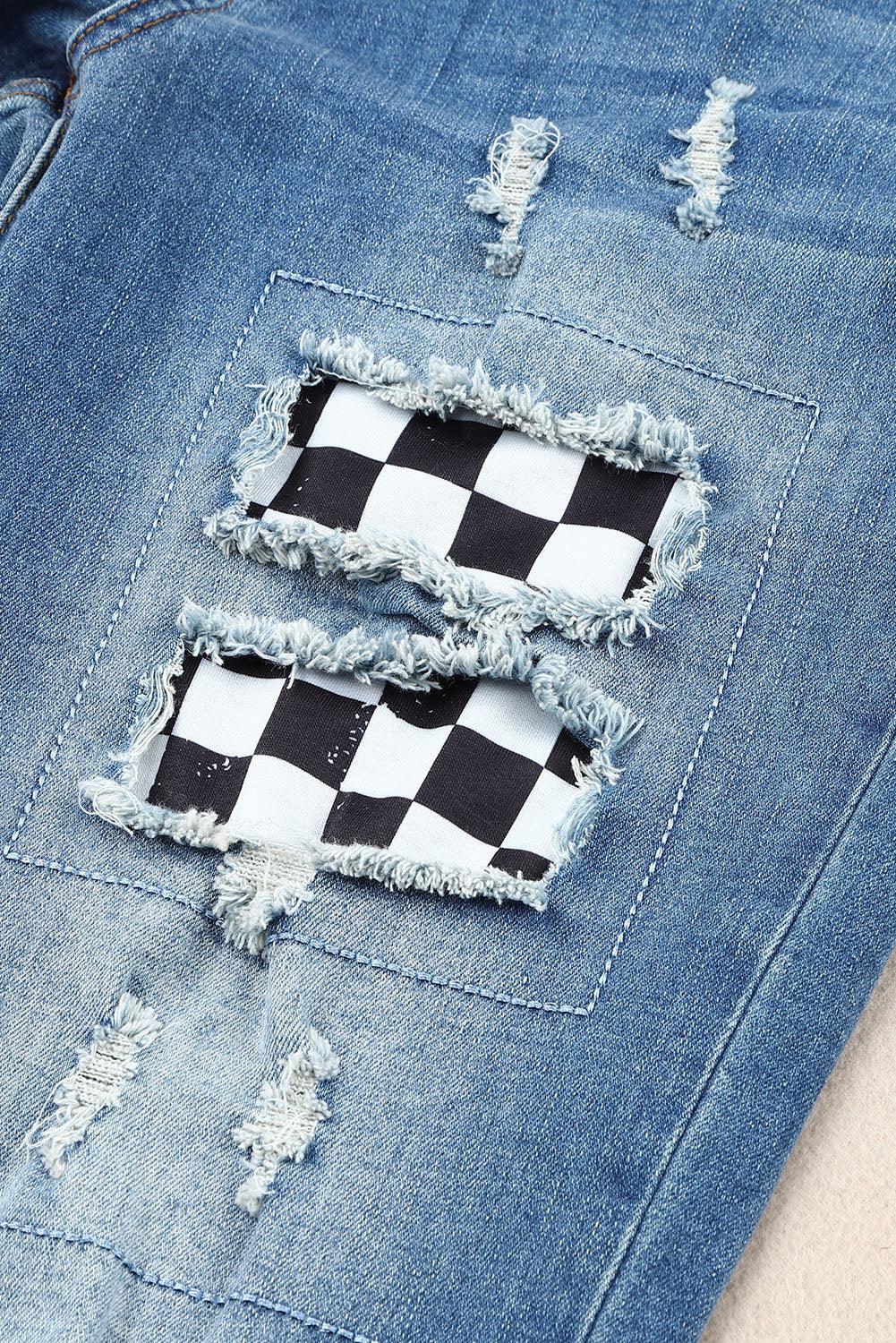 Checkered Patchwork Mid Waist Distressed Jeans - Flyclothing LLC