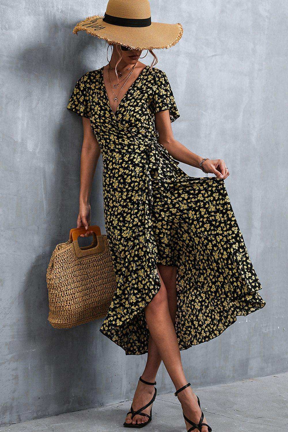 Floral Surplice Neck Tied Midi Dress - Trendsi - Flyclothing LLC