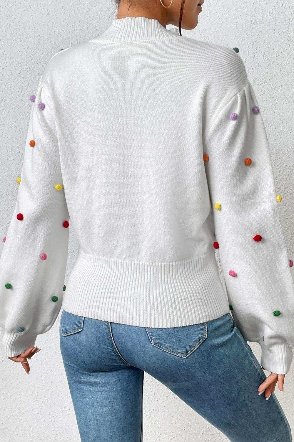 Pom-Pom Trim Mock Neck Long Sleeve Pullover Sweater - Trendsi - Flyclothing LLC