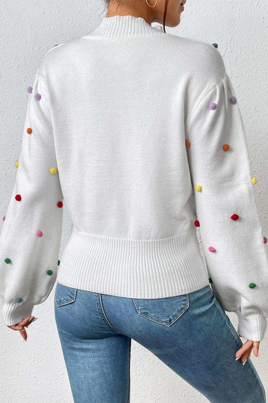 Pom-Pom Trim Mock Neck Long Sleeve Pullover Sweater - Trendsi - Flyclothing LLC