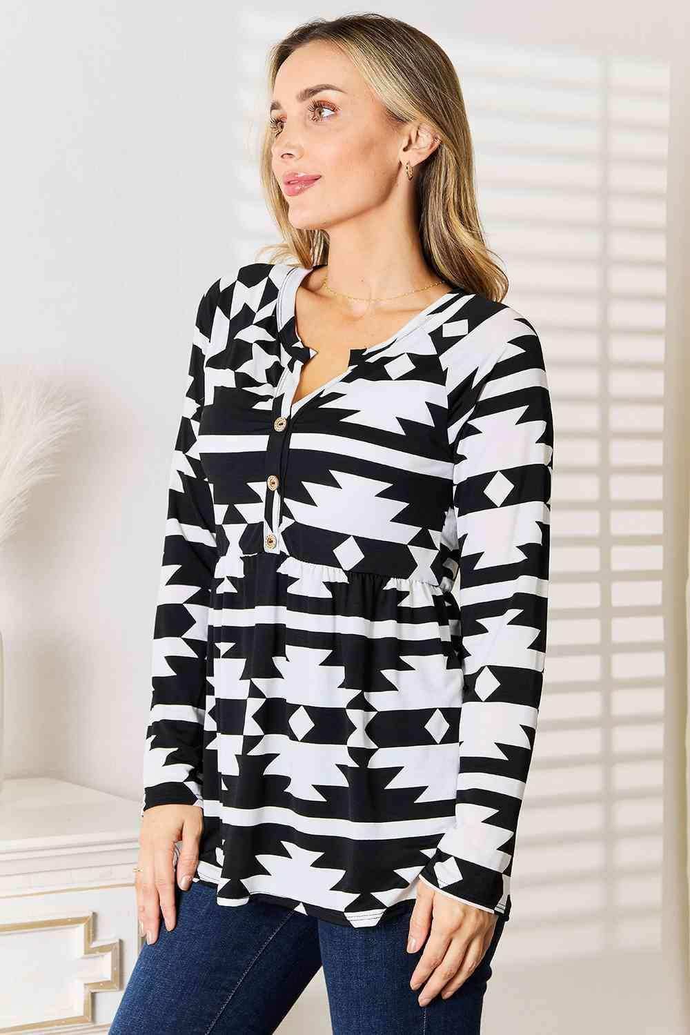 Heimish Full Size Geometric Notched Neck Long Sleeve Top - Trendsi - Flyclothing LLC