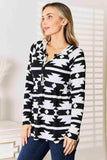 Heimish Full Size Geometric Notched Neck Long Sleeve Top - Trendsi - Flyclothing LLC