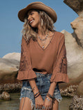 Openwork V-Neck Flounce Sleeve Blouse - Trendsi - Flyclothing LLC