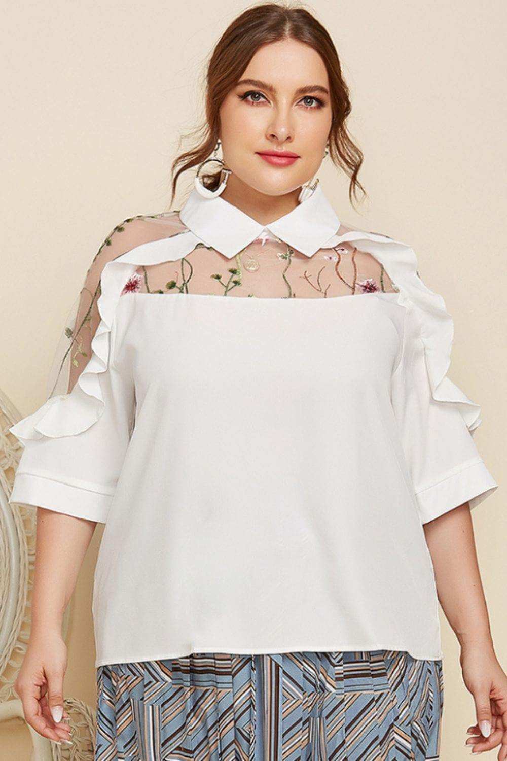 Plus Size Embroidered Ruffle Trim Collared Half Sleeve Blouse - Trendsi - Flyclothing LLC