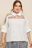 Plus Size Embroidered Ruffle Trim Collared Half Sleeve Blouse - Trendsi - Flyclothing LLC