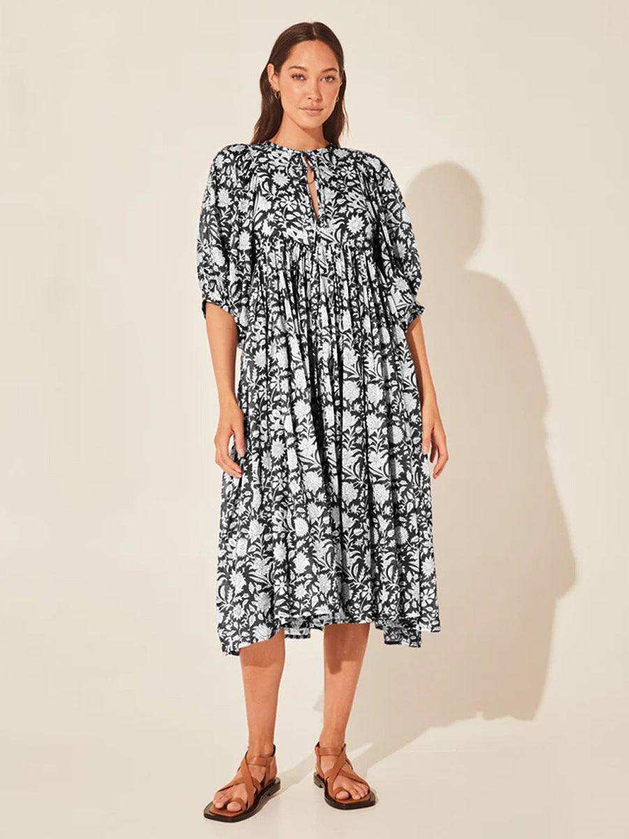 Floral Tie Neck Lantern Sleeve Dress - Trendsi - Flyclothing LLC