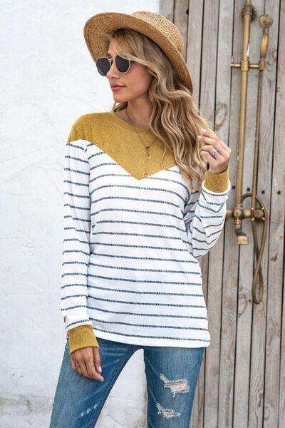 Striped Round Neck Long Sleeve T-Shirt - Trendsi - Flyclothing LLC