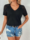 Lace Detail V-Neck Short Sleeve T-Shirt - Trendsi - Flyclothing LLC