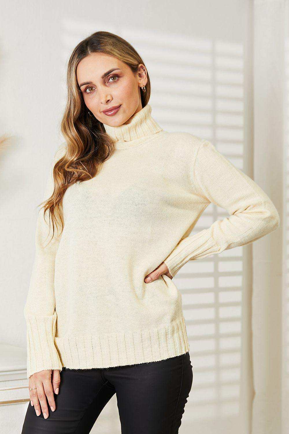 Heimish Full Size Long Sleeve Turtleneck Sweater with Side Slit - Trendsi - Flyclothing LLC