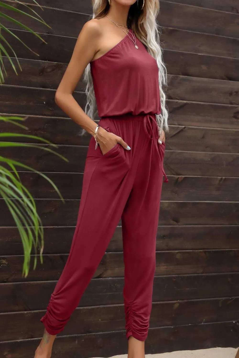 Drawstring Waist One-Shoulder Jumpsuit with Pockets - Trendsi - Flyclothing LLC