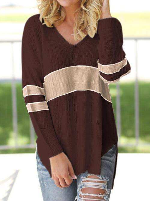 Striped V-Neck Long Sleeve Sweater - Trendsi - Flyclothing LLC