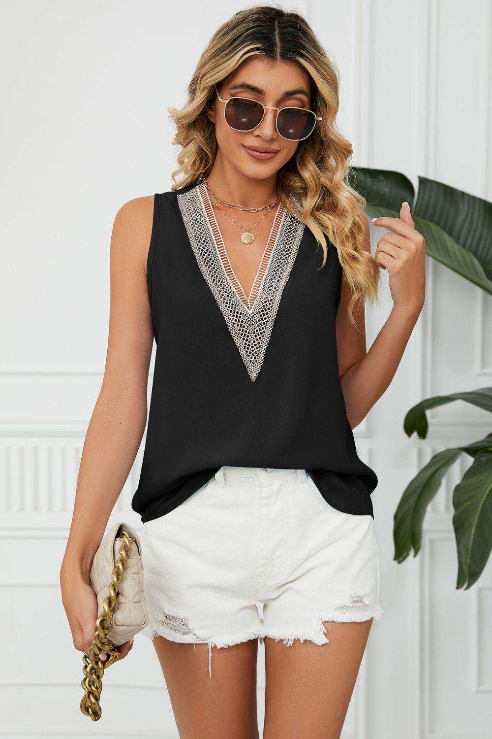 Contrast Trim Plunge Sleeveless Blouse - Trendsi - Flyclothing LLC