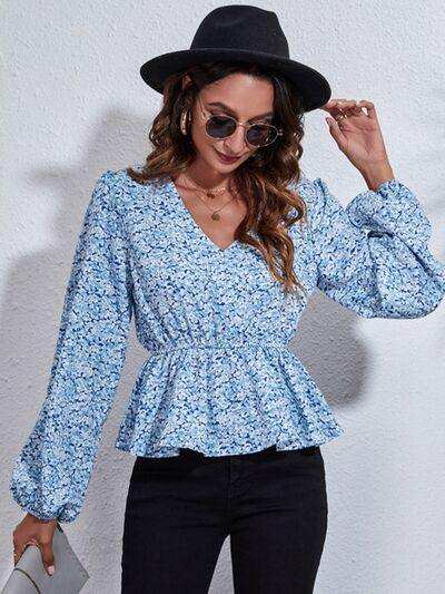 Floral V-Neck Balloon Sleeve Peplum Blouse - Trendsi - Flyclothing LLC
