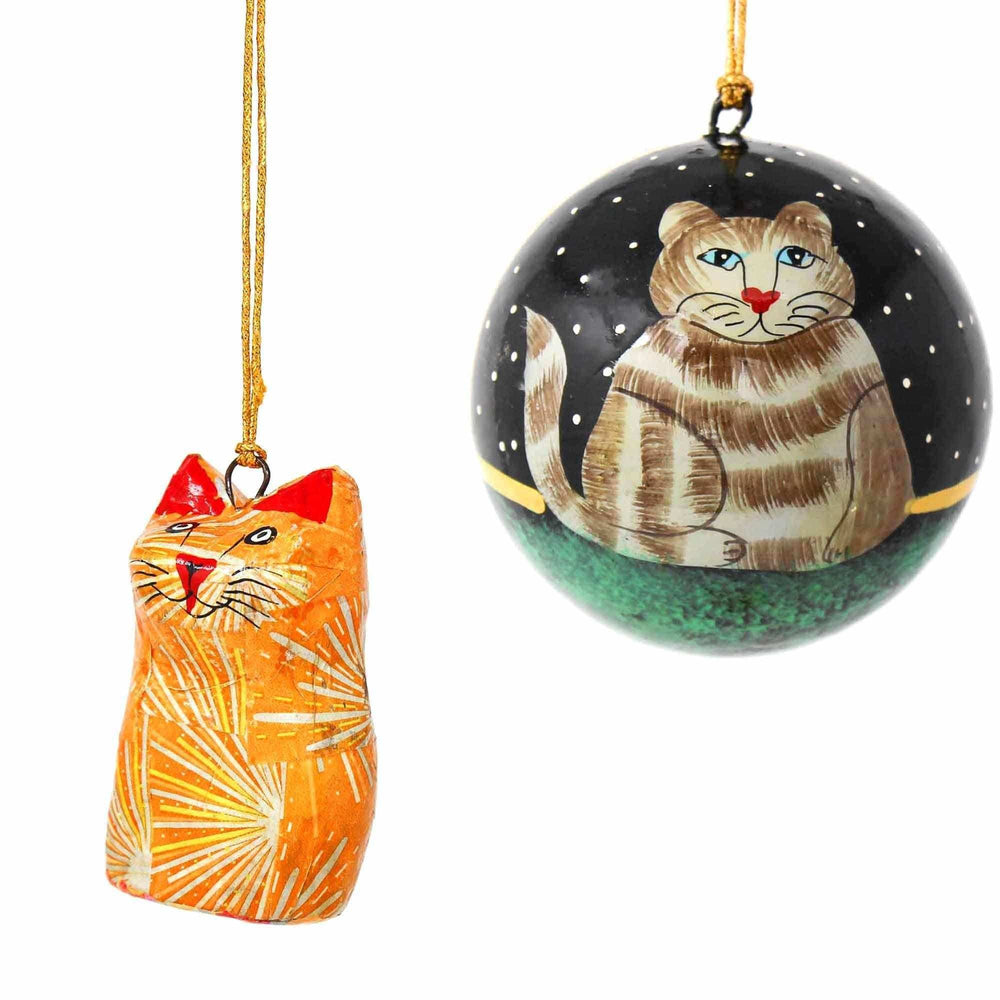 Handpainted Cat Ornaments, Set of 2 - Asha Handicrafts - Flyclothing LLC