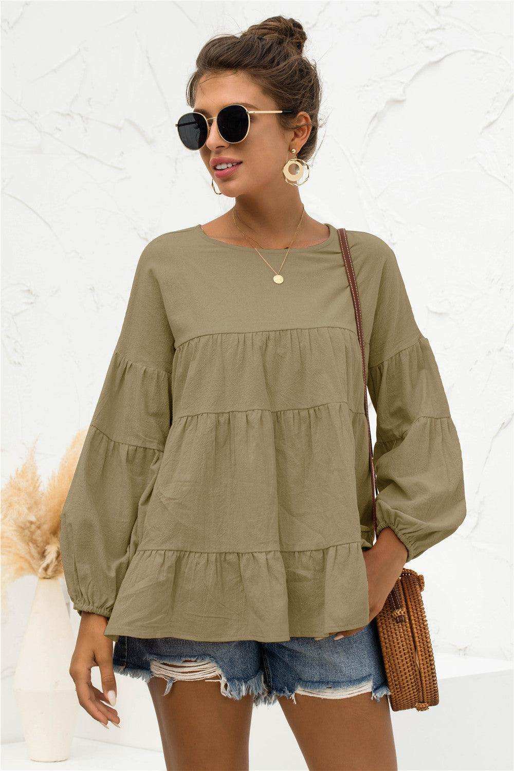 Round Neck Bubble Sleeve Tiered Blouse - Trendsi - Flyclothing LLC