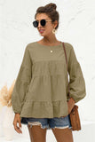 Round Neck Bubble Sleeve Tiered Blouse - Trendsi - Flyclothing LLC