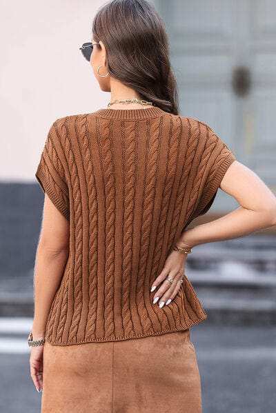 Cable-Knit Round Neck Cap Sleeve Sweater - Trendsi - Flyclothing LLC