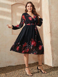 Plus Size Floral Surplice Neck Tie Waist Dress - Trendsi - Flyclothing LLC