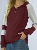 Waffle-knit Raglan Sleeve Zipper Front Hoody - Trendsi - Flyclothing LLC