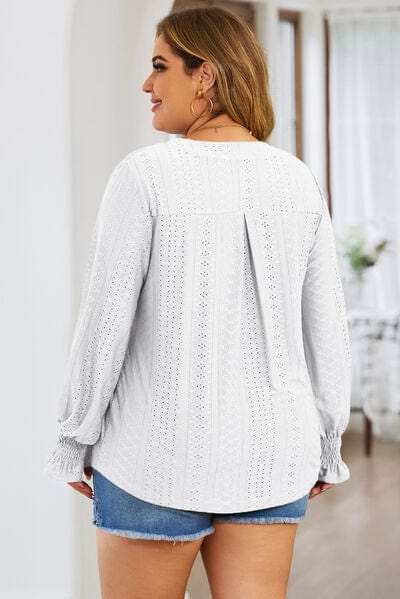 Plus Size Eyelet Notched Flounce Sleeve Blouse - Trendsi - Flyclothing LLC