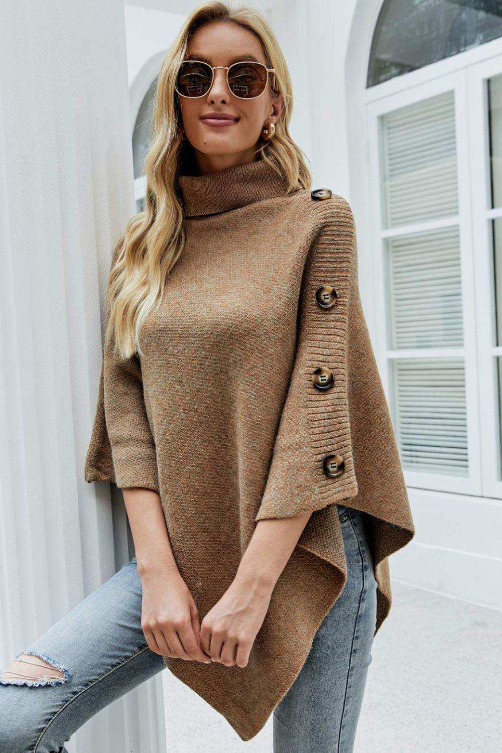 Turtleneck Buttoned Poncho - Trendsi - Flyclothing LLC