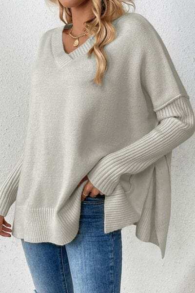 Slit V-Neck Dropped Shoulder Sweater - Trendsi - Flyclothing LLC