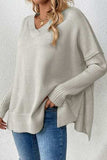 Slit V-Neck Dropped Shoulder Sweater - Trendsi - Flyclothing LLC