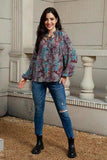 Tie Neck Heathered Balloon Sleeve Blouse - Trendsi - Flyclothing LLC