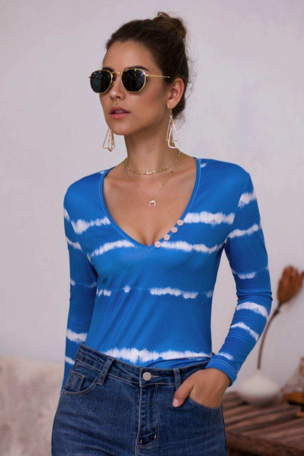 Tie-Dye Plunge Long Sleeve Top - Trendsi - Flyclothing LLC