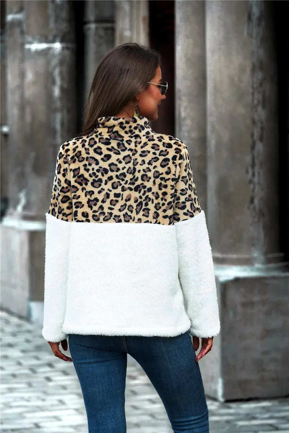 Leopard Color Block Half-Zip Collar Teddy Sweatshirt - Trendsi - Flyclothing LLC