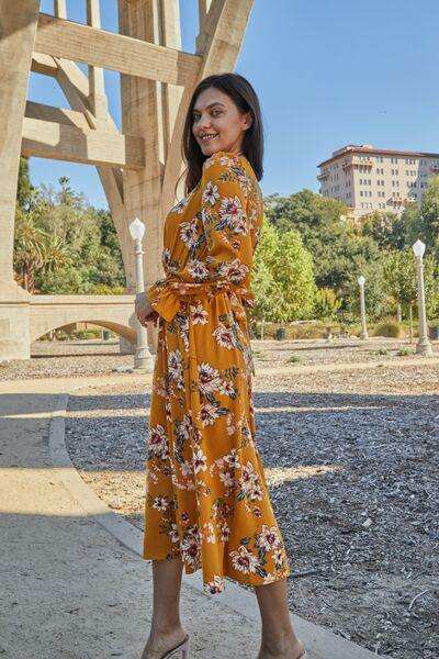Double Take Full Size Floral Tie Back Flounce Sleeve Dress - Trendsi - Flyclothing LLC