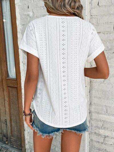 Eyelet Round Neck Short Sleeve T-Shirt - Trendsi - Flyclothing LLC
