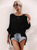 Boat Neck Cuffed Sleeve Slit Tunic Knit Top - Trendsi - Flyclothing LLC