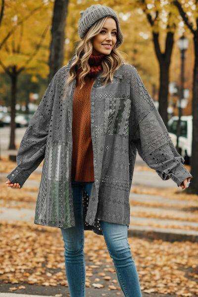 Openwork Button Up Long Sleeve Shacket - Trendsi - Flyclothing LLC